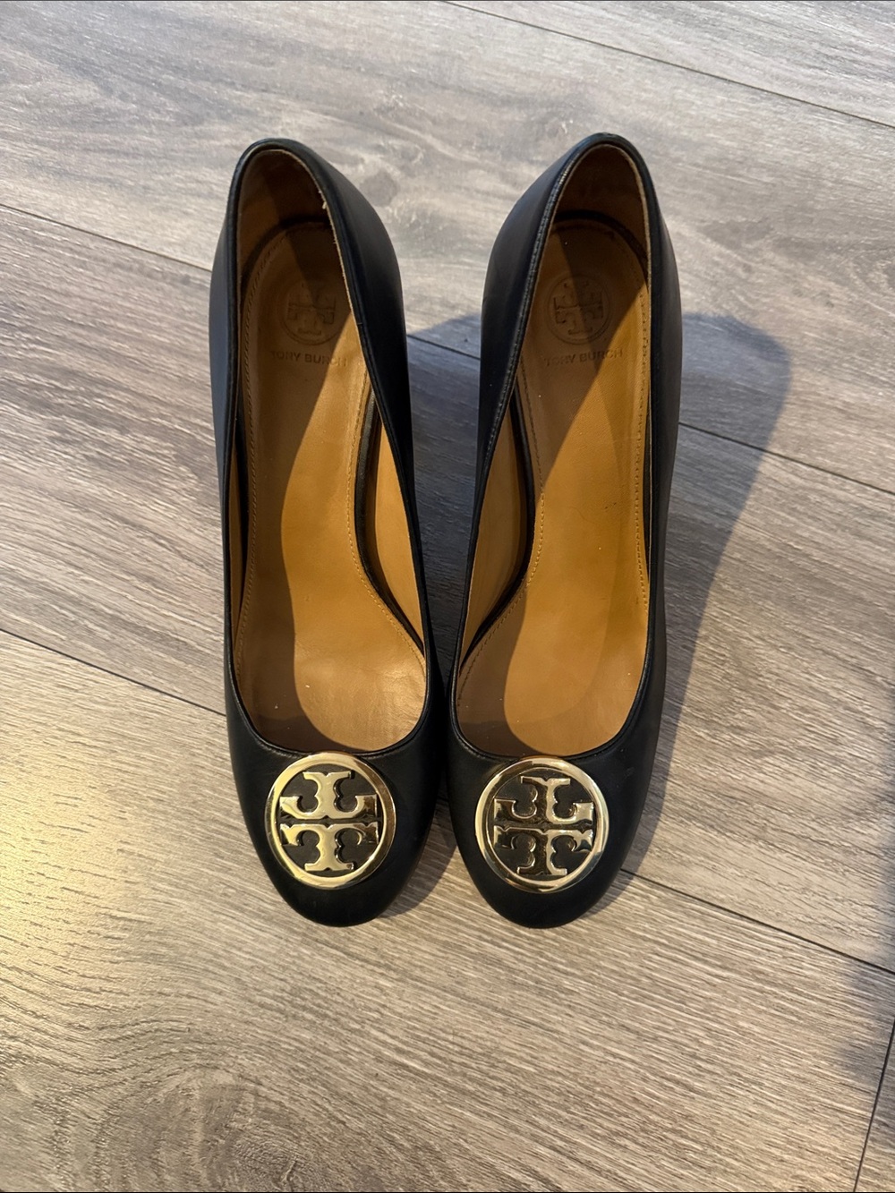 Tory Burch Black Leather Heels with Gold Logo Medallion